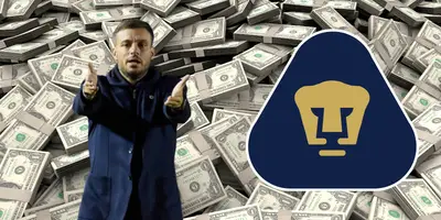 Fondo tomado de Canva, con escudo de Pumas y Anselmi al frente