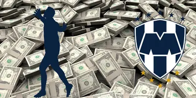 Fondo tomado de Canva, con escudo de Rayados al frente