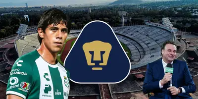 Fondo tomado de Wikipedia, con JJ Macías, escudo de Pumas y Faitelson al frente
