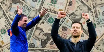 Foto de dólares tomada de Canva, con Jardine y Xavi Alonso celebrando victorias con América y Leverkusen respectivamente.