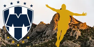 Foto de montaña tomada de Canva, con escudo de Rayados y silueta.