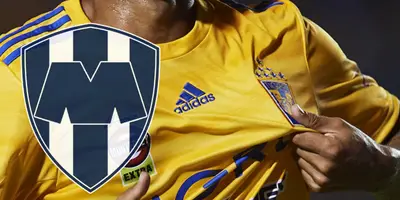 Futbolista de Tigres junto al escudo de Rayados / FOTO TIGRES