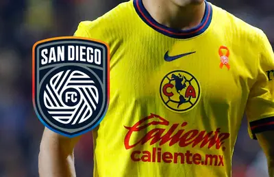 Futbolista del América recortado y escudo del San Diego/ Foto 'X'.