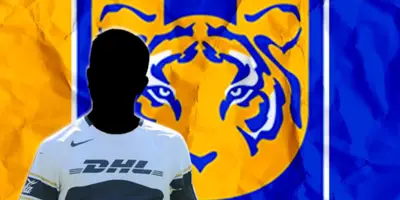 Futbolista incógnito de Pumas junto al escudo de Tigres / FOTO RÉCORD