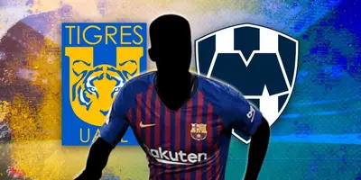 Futbolista incógnito del Barcelona junto a escudos de Tigres y Rayados / FOTO FC BARCELONA FORUM