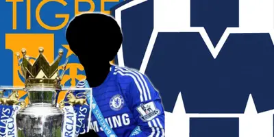 Futbolista incógnito del Chelsea junto a los escudos de Tigres y Rayados / FOTO FUTBOLRED