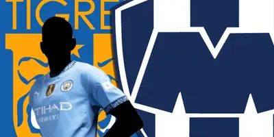 Futbolista incógnito del Manchester City junto a escudos de Tigres y Monterrey / FOTO X