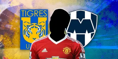 Futbolista incógnito del Manchester United junto a los escudos de Tigres y Monterrey / FOTO MARCA