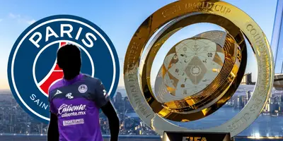 Futbolista incógnito del Mazatlán junto al escudo del PSG / FOTO FACEBOOK