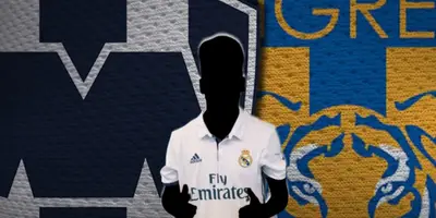 Futbolista incógnito del Real Madrid junto a escudos de Tigres y Monterrey / FOTO AS MÉXICO
