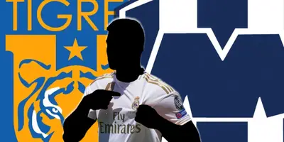 Futbolista incógnito del Real Madrid junto a escudos de Tigres y Rayados / FOTO DGMU