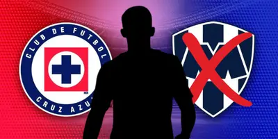 Futbolista incógnito junto a los escudos de Cruz Azul y Rayados / FOTO SPORT JUDGE