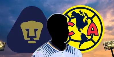 Futbolista incógnito junto a los escudos de Pumas y América / FOTO W DEPORTES