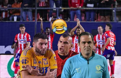 Futbolistas de San Luis, André Pierre Gignac, emoji de risa y André Jardine/ Foto Claro Sports.
