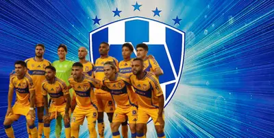 Futbolistas de Tigres junto al escudo de Rayados / FOTO X