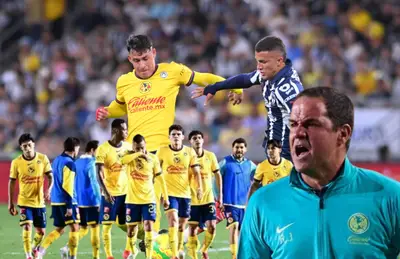 Futbolistas del América, André Jardine gritando y elementos disputando balón/ Foto Liga MX.
