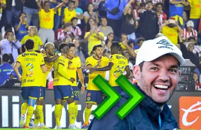 Futbolistas del América y Nicolás Larcamón riendo/Foto TV Azteca.