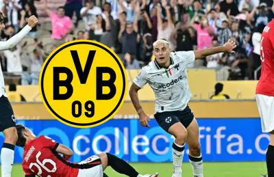 Germán Berterame festejando y escudo del Borussia Dortmund/ Foto San Cadilla El Norte.