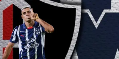 Germán Berterame junto a los escudos de Rayados y Atlas / FOTO ESTO