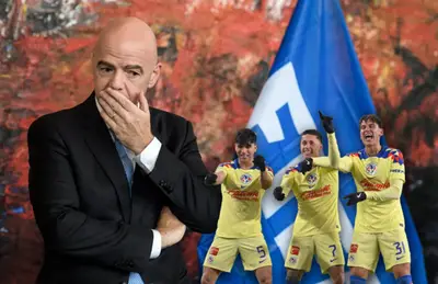 Gianni Infantino con la mano en la boca y jugadores del América bailando/ Foto Marca.