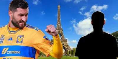 Gignac festejando con Tigres y al fondo la Torre Eiffel / Foto Getty