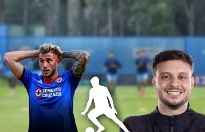 Gonzalo Piovi con las manos en la cabeza, Martín Anselmi y silueta de jugador/ Foto Cruz Azul.