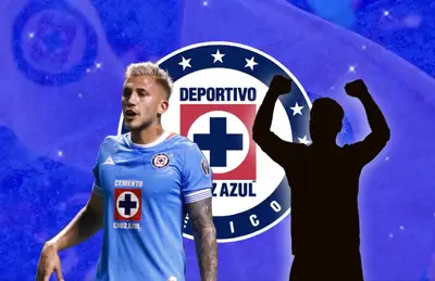 Gonzalo Piovi y silueta de futbolista con manos arriba/ Foto Cruz Azul.