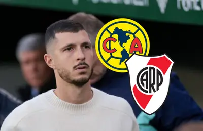 Guido Rodríguez y escudos del América y River Plate/Foto Marca.