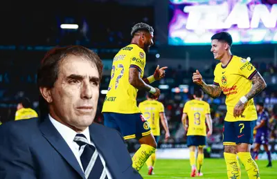 Guillermo Almada serio y jugadores celebrando/Foto Club América.