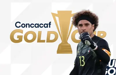 Guillermo Ochoa celebrando y logo de la Copa Oro/Foto Diario NY.