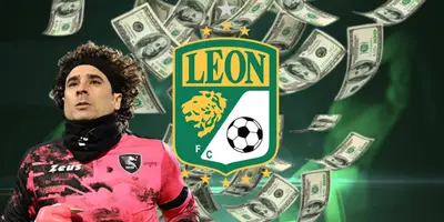 Guillermo Ochoa junto al escudo de Club León / FOTO MARCA