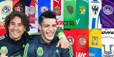 Guillermo Ochoa y Raúl Jiménez junto a jerseys de la Liga MX / FOTO ESTO