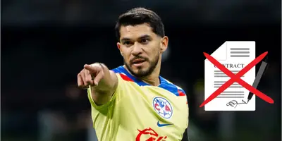 Henry Martín en partido con el América, junto a un contrato tachado. Foto: El Universal.