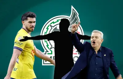 Henry Martín, silueta de futbolista y Javier Aguirre con el dedo alzado/ Foto Mi Selección.