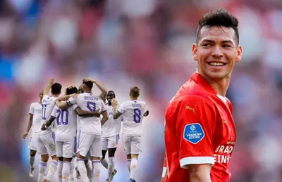 Hirving Lozano sonriendo y futbolistas del Real Madrid/ Foto La Jornada.