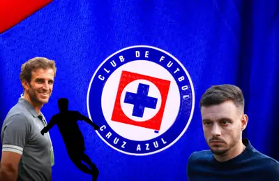 Iván Alonso sonriente, Martín Anselmi y silueta de jugador corriendo/ Foto Cruz Azul.