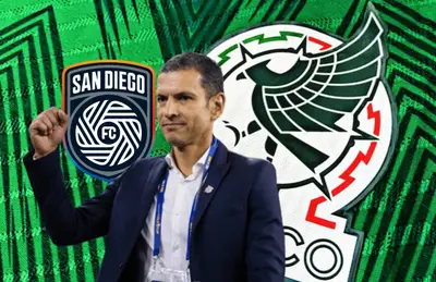 Jaime Lozano celebrando y logo del San Diego FC/Foto ADN 40.