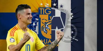 James Rodríguez junto a los escudos de Tigres y Rayados / FOTO GOA