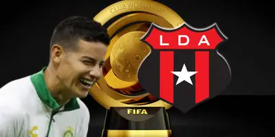 James Rodríguez junto al escudo del Alajuelense / FOTO FUTBOLRED