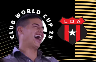 James Rodríguez riendo y escudo del Alajuelense/ Foto Soy Fiera.