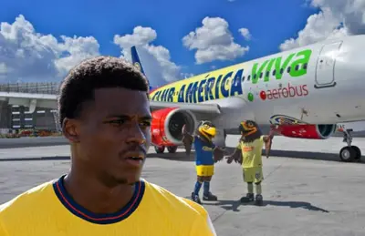 Javairo Dilrosun y avión de las Águilas del América/Foto El Souvenir.