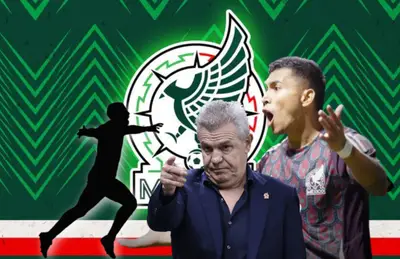 Javier Aguirre apuntando, jugador corriendo en forma de sombra y Orbelín Pineda/Foto Pinterest.