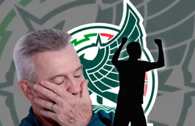 Javier Aguirre con manos en el rostro y silueta de futbolista celebrando/Foto Pinterest.