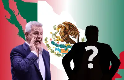 Javier Aguirre gritando y silueta de entrenador con signo de interrogación/ Foto Wallpaperset.