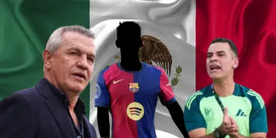 Javier Aguirre junto a jugador incógnito del FC Barcelona y Rafa Márquez / FOTO MEXSPORT