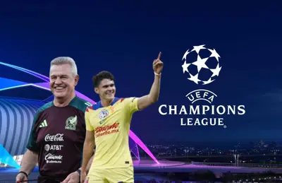 Javier Aguirre riendo, Israel Reyes y logo de la Champions League/Foto Impulsyn.
