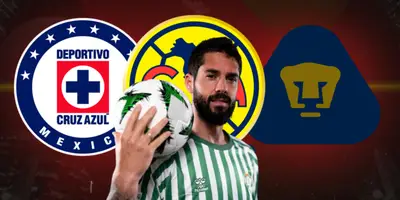 Javier Alarcón junto a escudos de Cruz Azul, América y Pumas / FOTO GETTY IMAGES