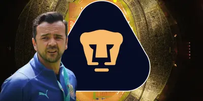 Javier Mier junto al escudo de Pumas / FOTO BOLAVIP