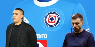 Jersey de Cruz Azul de fondo, tomado de Pirma, con Juárez y Anselmi al frente.