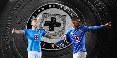 Jersey de Cruz Azul de fondo, tomado de Tienda Cruz Azul, con Lira y Piovi al frente